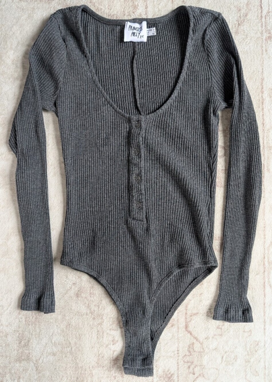 Princess Polly Ribbed Long-Sleeve Bodysuit - Gray Size 2